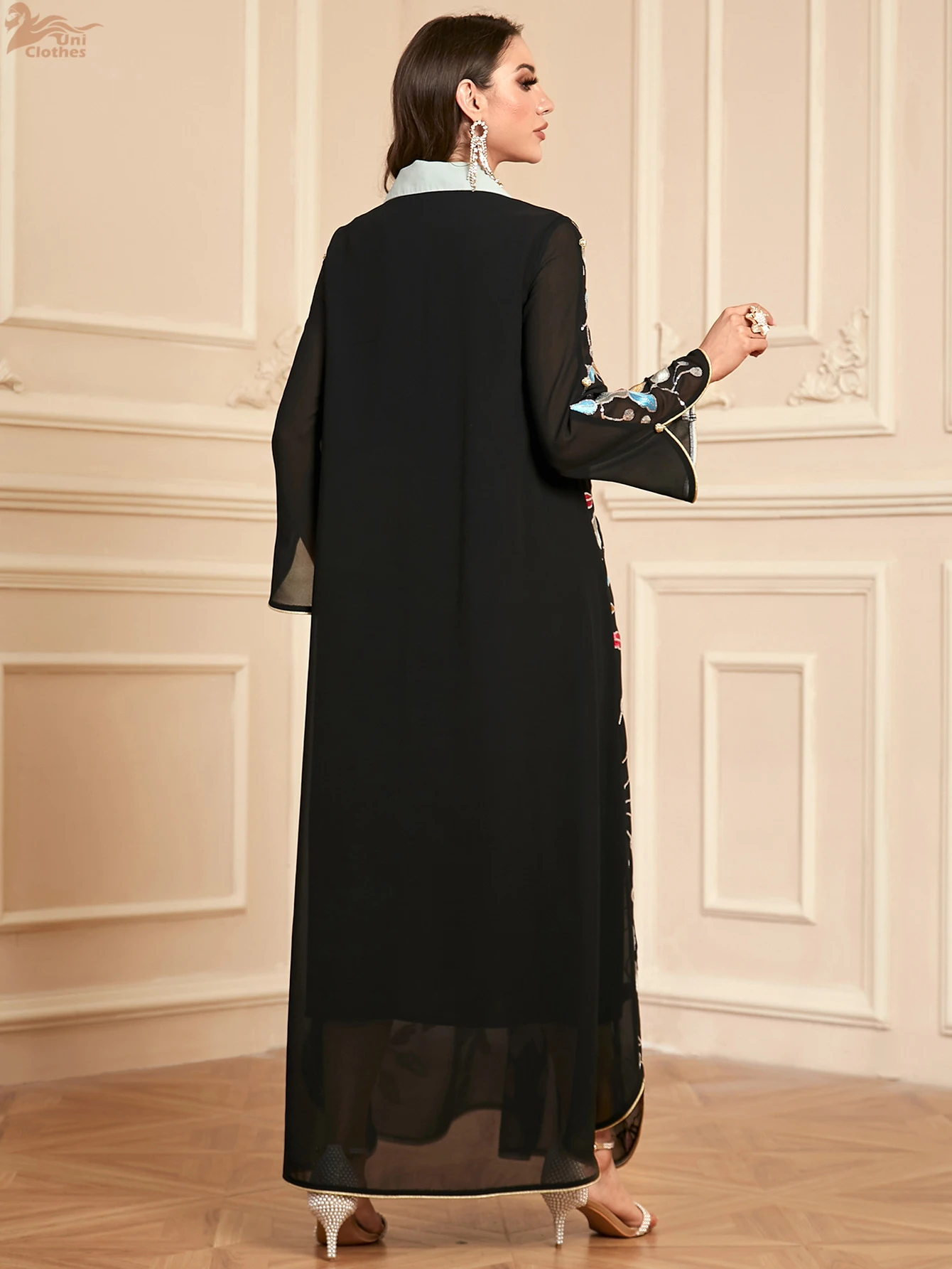 Uni Dubai Sequins Embroideried Abaya For Muslim Woman Lapel Collar Loose Moroccan Saudi Kaftan Elegant Casual Arab Robe