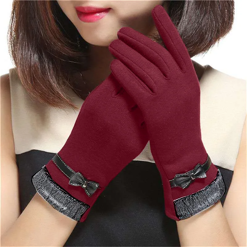 New Women Keep Warm Touch Screen Plus Velvet Inside Thicken Windproof Cycling Cute Lovely Bowknot Elegant Elasticity Soft Gloves