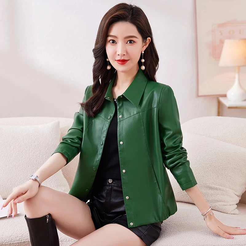 New Women Short Leather Coat Spring Autumn Fashion Turn-down Collar Single Breasted Casual Slim Jacket Split Leather Outerwear