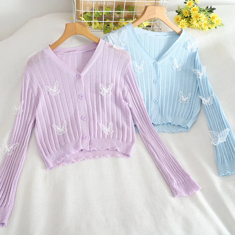 Women's Sun Protection Knitted Cardigan Thin V Neck Lace Butterfly Long Sleeve Tops Summer Single Breasted Female Knitshirts