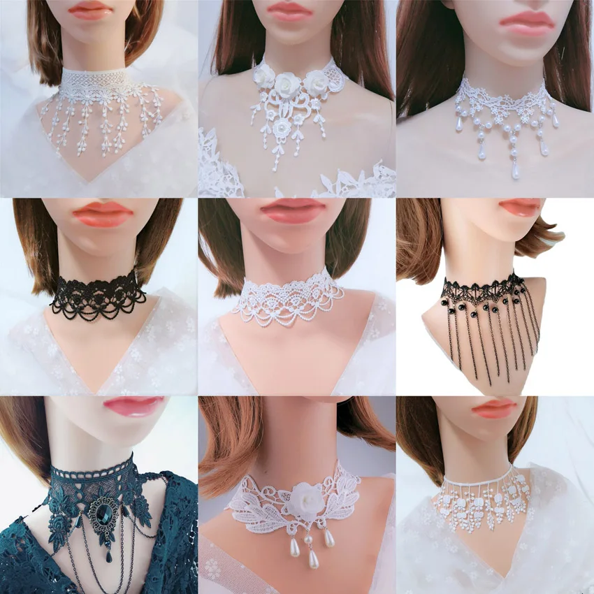 Chokers for Parties Beads Bow Flowers Circular Crown Pearl Tassels Gothic Sexy Lacy Lace Women Necklaces Neck Jewelry Girl Gift