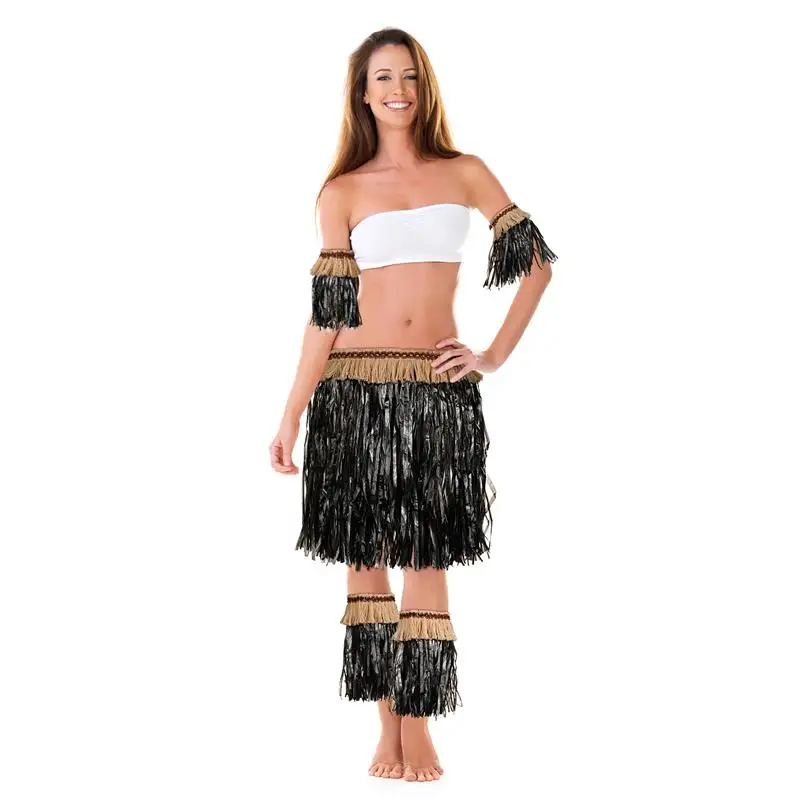 1 Set Hawaiian Outfit Hula Skirt Women Arm Leg Bands Luau Party Grass Skirt Party Decorations (Black)