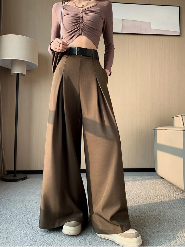 Geavanceerde pakbroek dames in de herfst, losse hoge taille en hangende sensatie, verlengde vloerlengte, casual broek met wijde pijpen