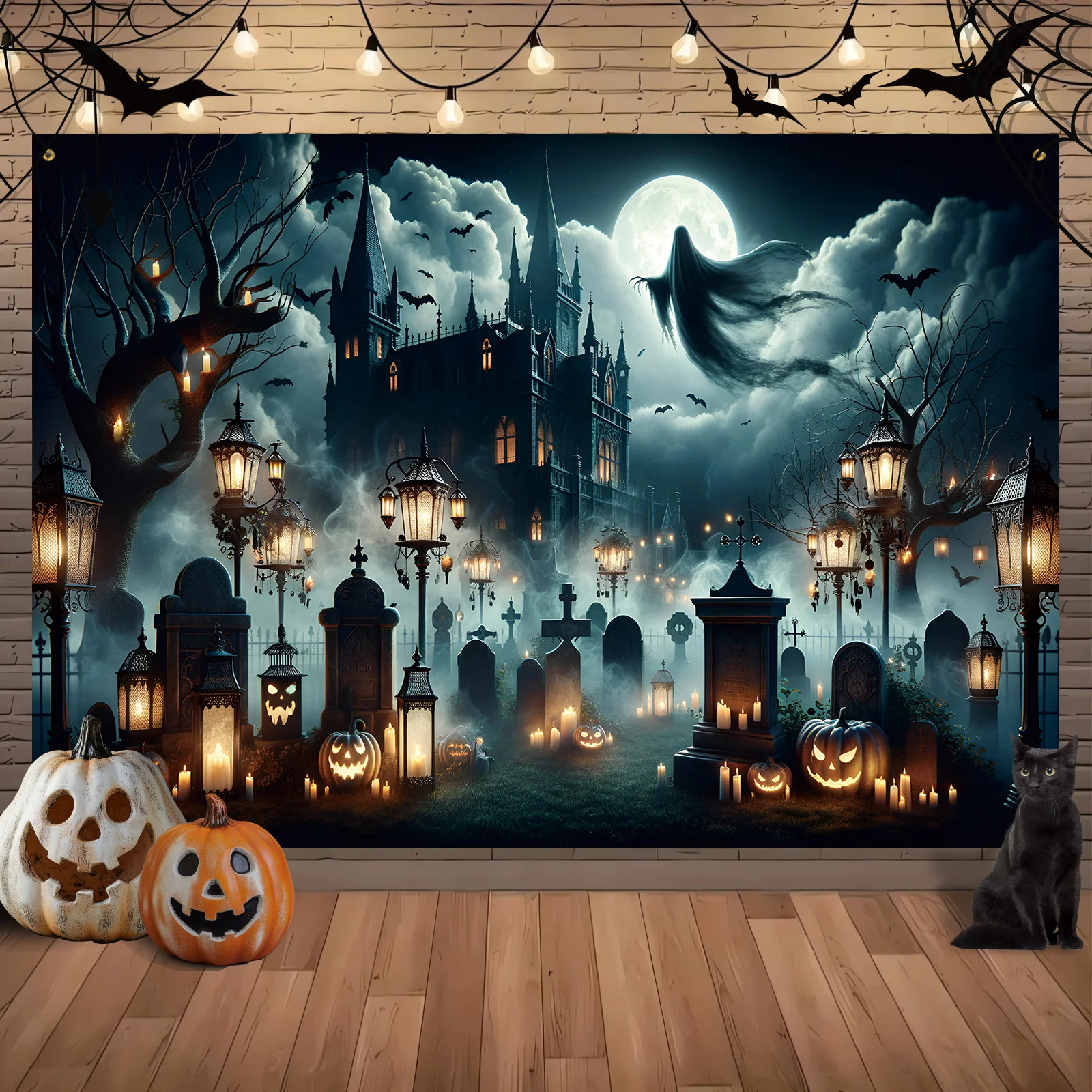 

A 2D flat ghost Gothic-style Halloween polyester background banner with a cemetery and ghosts, suitable for party decoration