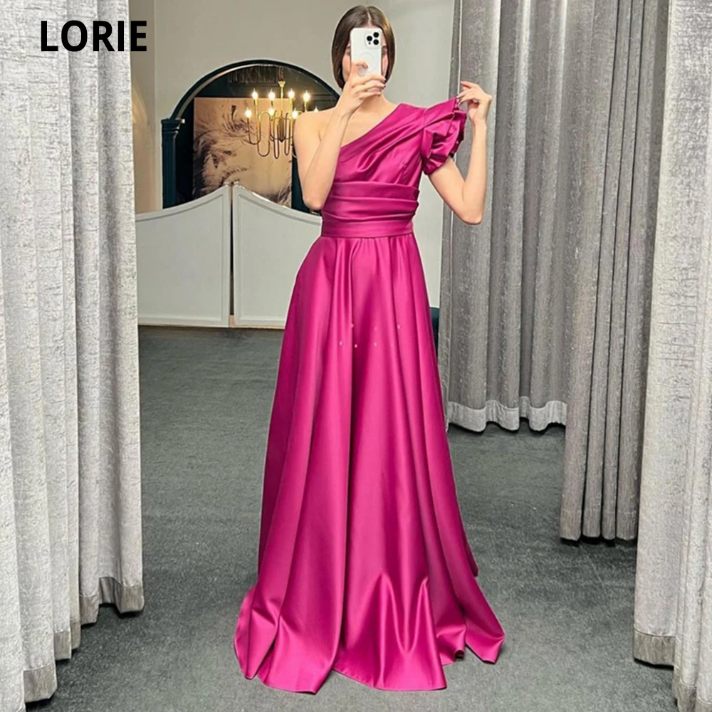 LORIE Saudi Arabic A-line Women Fuchsia Satin Evening Dresses Long Formal Gown One Shoulder Floor Length Vintage Prom Gowns 2022