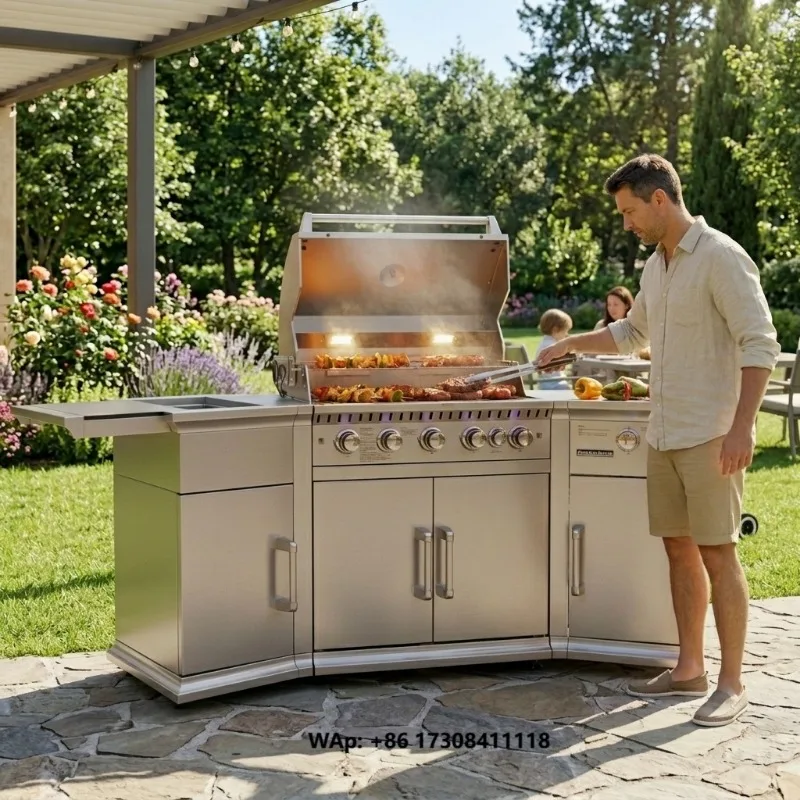 Portable Tabletop Outdoor Kitchen Grill 6 Burner Propane Gas BBQ Smoker Grill for Camping
