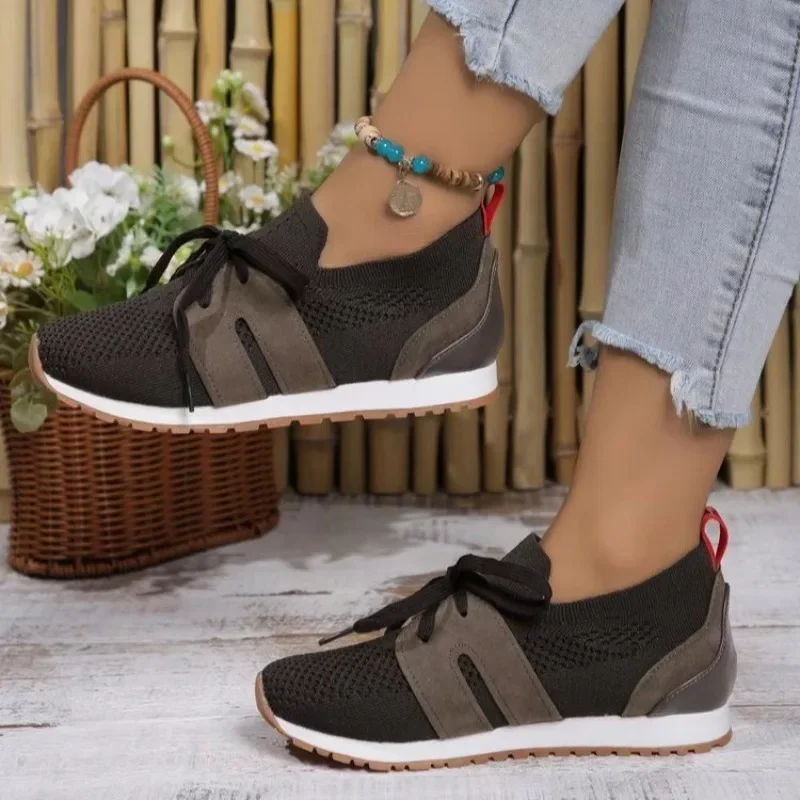 Zapatos vulcanizados de marca con cordones para mujer, zapatillas informales de costura a la moda, de malla con cabeza redonda, gran oferta, 2024