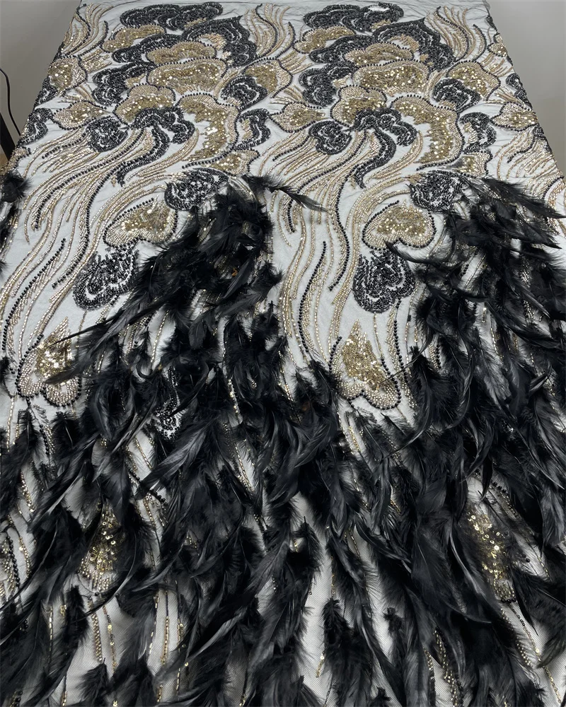 

High Quality Nigerian 3d Feather French Beads Mesh Net Lace Fabric with African Sequins Lace Fabric For Sewing Party Dresses