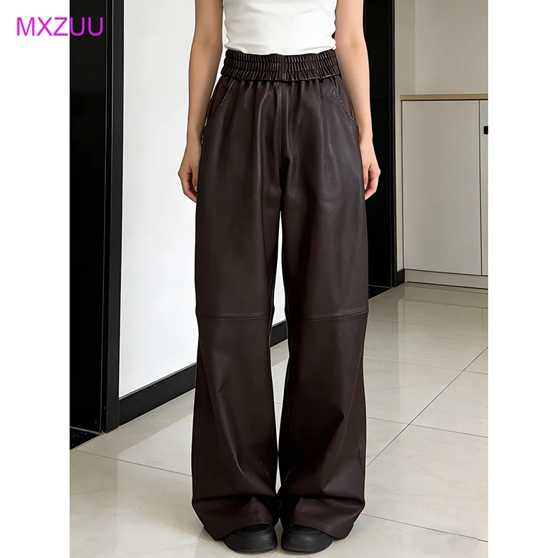 Real Leather Mopping Pants Spring Women Elastic Waist Loose Lambskin Wide-Leg Streetwear Fashion Casual Trousers Spodnie Damskie