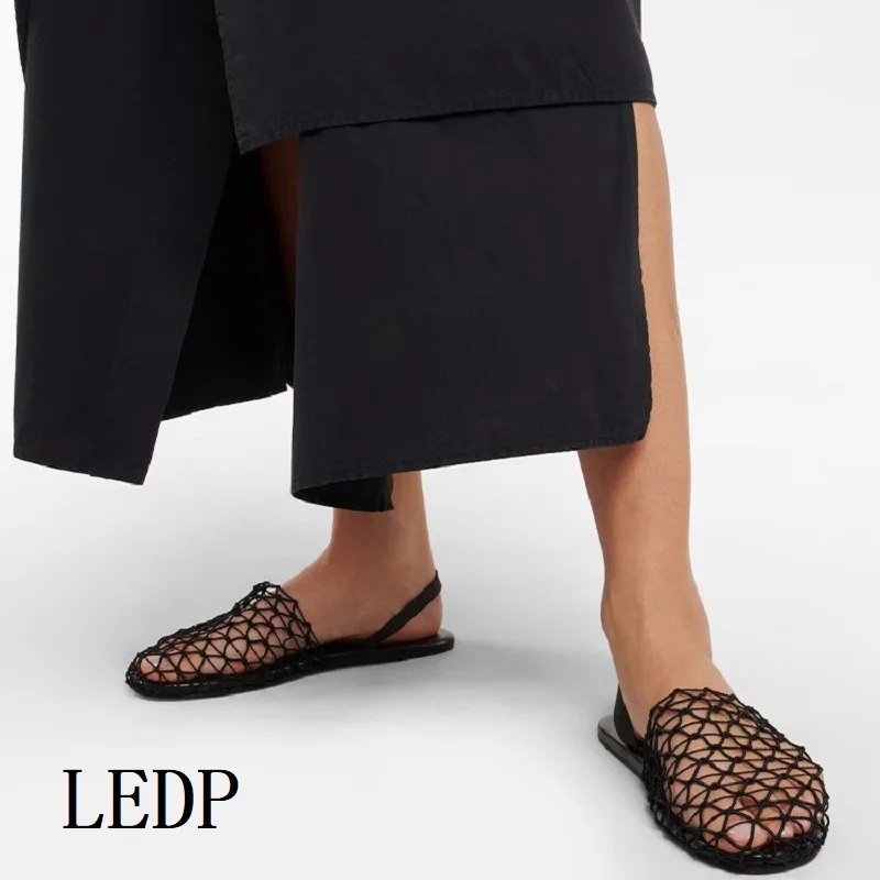LEDP Brand Women's Flat Shoes 2024 New French Retro Mesh Woven Hollow Flat-bottomed Baotou Slippers Round Head Wearing Sandals