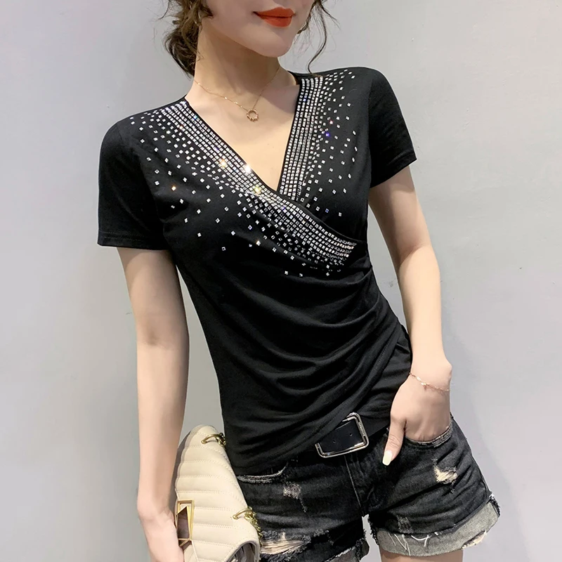 

#5527 White Black Yellow Red Wrap T Shirt Women V Neck Diamonds Sexy Basic T Shirt Elastic Cotton Slim Womens Tee Shirts Summer