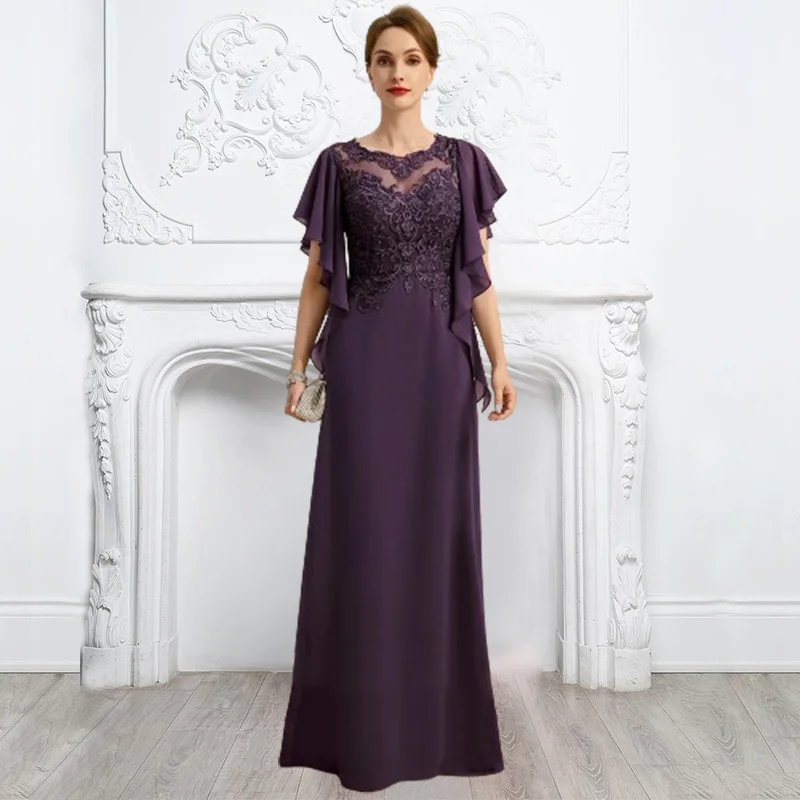 

Purple Mother of the Bride Dress A-line Jewel Neck Wedding Guest Dresses Applique Sequins Evening Gown robes invitée mariage