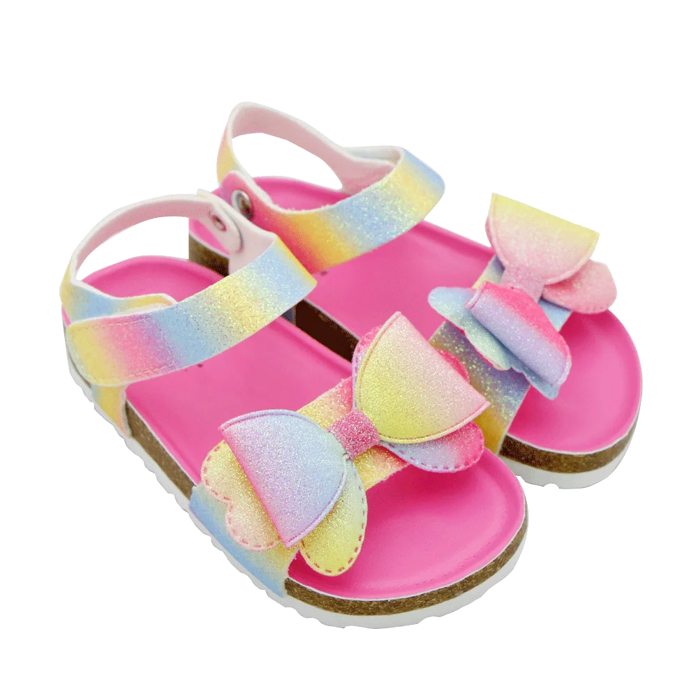 

2024 New Kids Girls Sandals Flat Shoes Cork Casual Colorful Bling Bow Fashion 1-12Years Old High Quality Wholesale