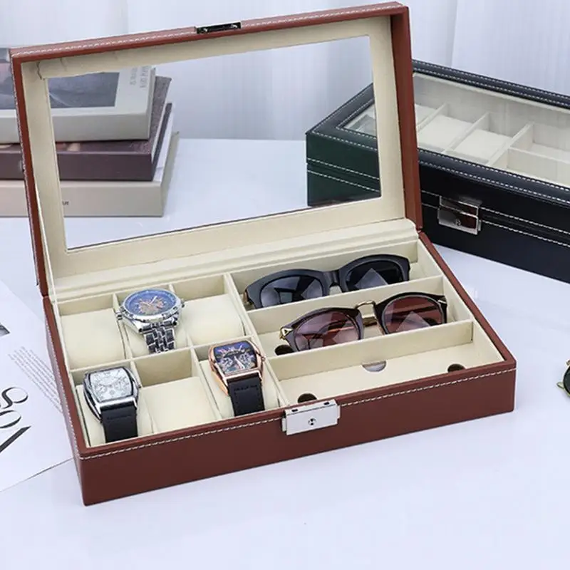 Mens Jewelry Box Eyeglasses Watches Display Organizer Box PU Leather Sunglasses Organizer With Clear Viewing Window For 6 Watch