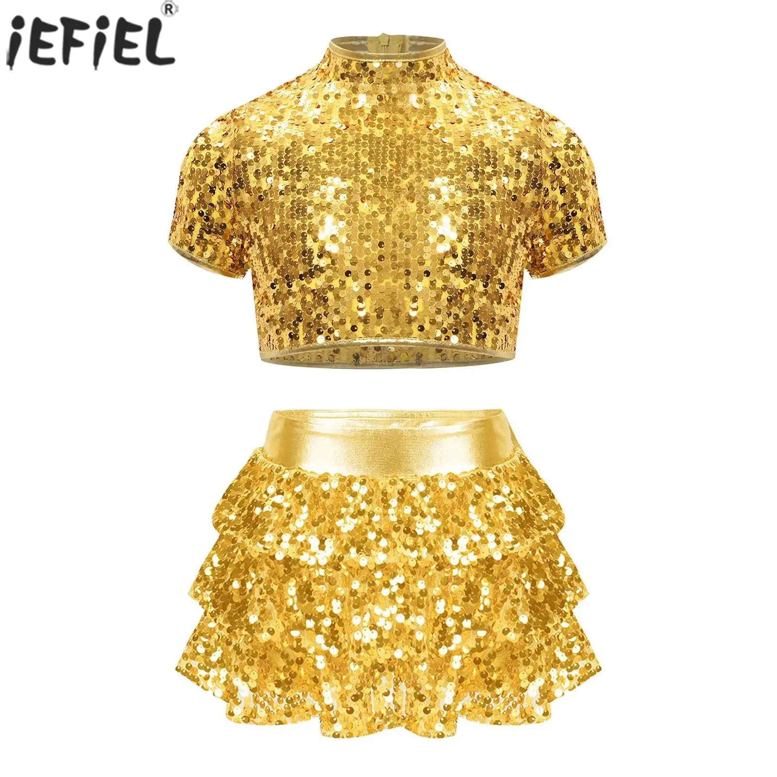 

Kids Girls Cheerleading Jazz Dance Performance Costume Sparkly Sequins Short Sleeve Crop Top with Tiered Ruffle Skirted Shorts