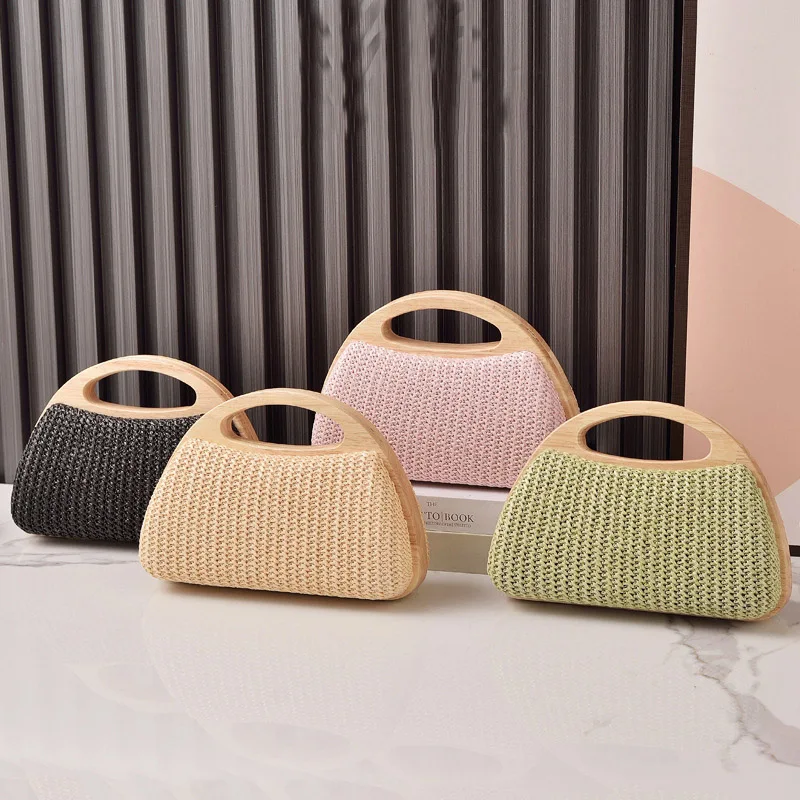 

2025 new women's luxury woven straw wooden handbag wooden handle design boho cross country party beach handheld women's bag