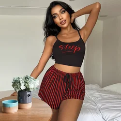 Top Fashion Women Home Clothing Suspended Pajamas with Drawstring Shorts Set Home Wear Letter Stripe Printed Nightgown Sleepwear