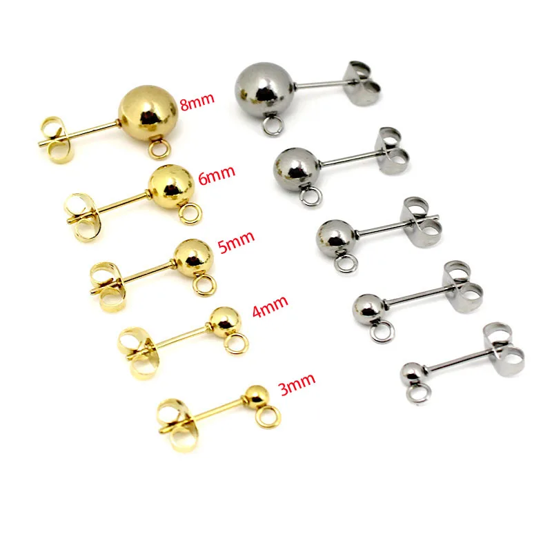 20Pcs 3 4 5 6 8mm Stainless Steel Hypoallergenic Round Ball Post Earrings Stud with Loop Fit Women DIY Earring Jewelry Making