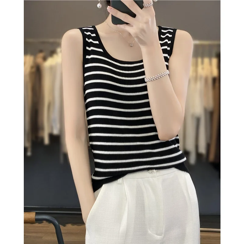 Canotta estiva in seta di ghiaccio ort Svel Capispalla da donna Previene l'esposizione U-Ne Slim Fit Design a righe Pendolari Sle