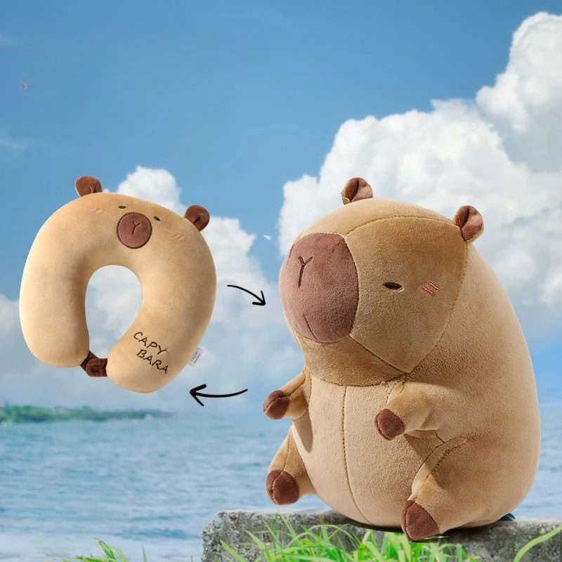 U-förmiges Kissen, niedliches Capybara-Plüschkissen, 2-in-1, multifunktionales Nackenstützkissen, tragbar für Reisen, Büro, Erholung