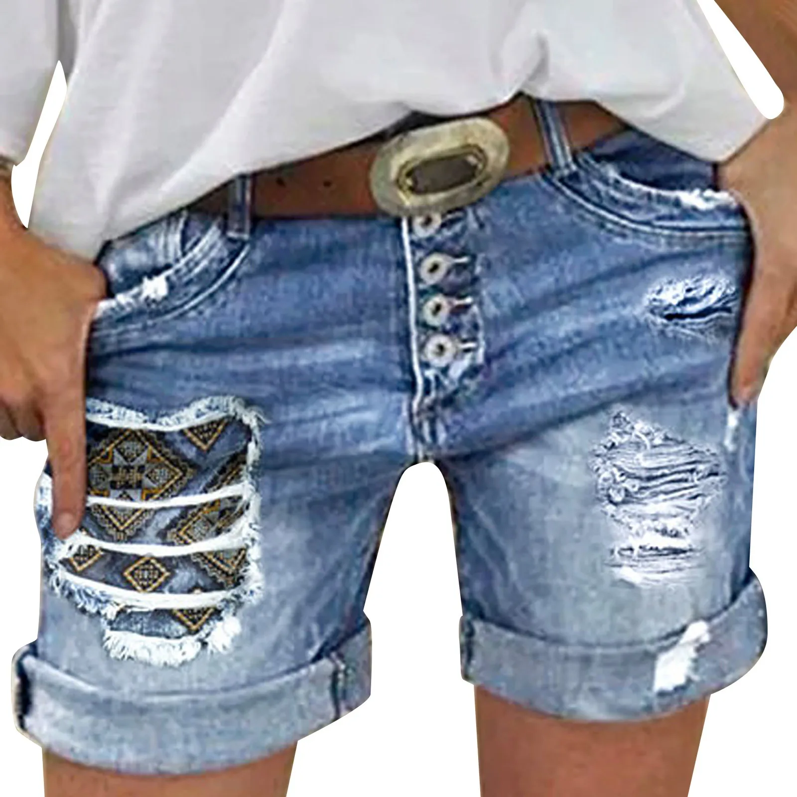 Shorts jeans bordados vintage para mulheres, shorts casuais soltos e versáteis, buraco lavado, moda patch, verão, 2024