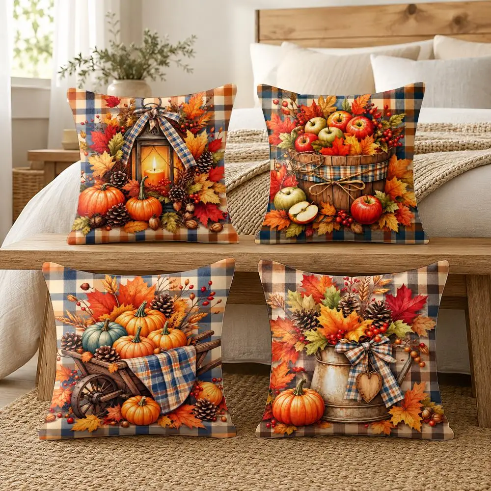 Harvest Plaid Still Life Cushion Cover Soft Short Plush Pillow Cover Smooth Cozy Texture Cushion Case Home Decor
