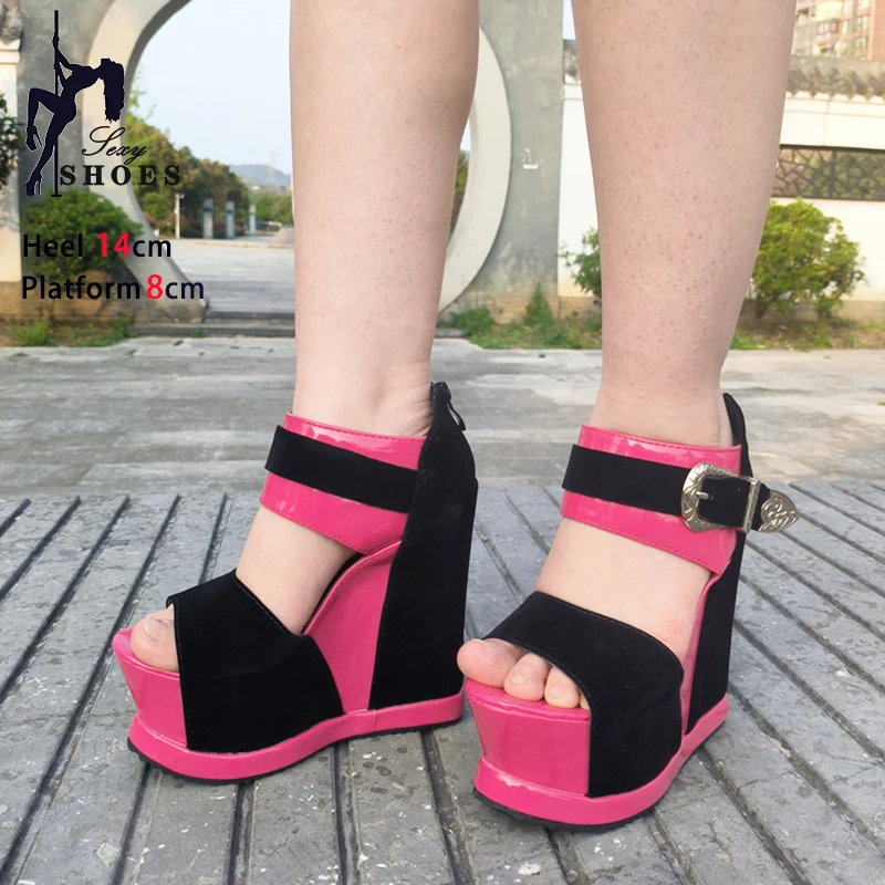 Model Fashion Show Summer Sandals 8CM Platform 14CM Super High Heels Thick Bottom Women Wedges Shallow Party Shoes Plus Size 43