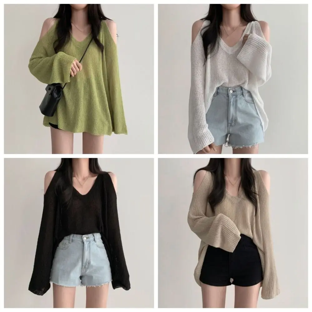 Mode évider tricot Long T-shirt pull col en v Crochet tricots Chic à manches longues tricoté haut ample femmes