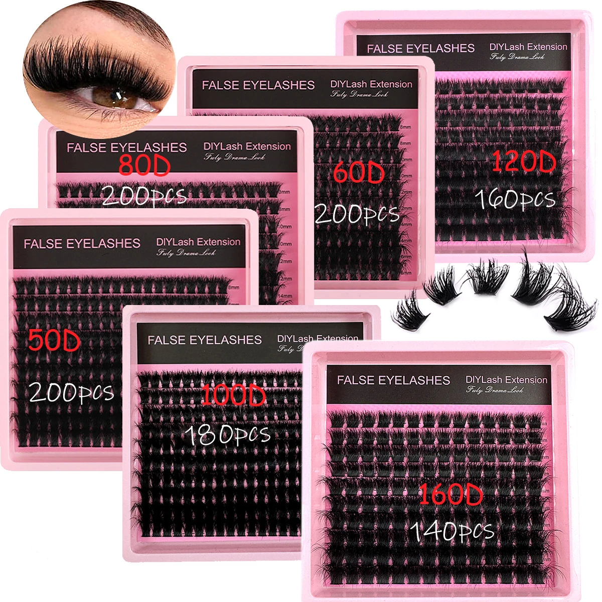 50D-160D 8D Luxus flauschige DIY Cluster Wimpern – 8–16 mm gemischte Länge Wimpernverlängerung 0,07 mm russische D-Locken dick und wiederverwendbar – Detail 2