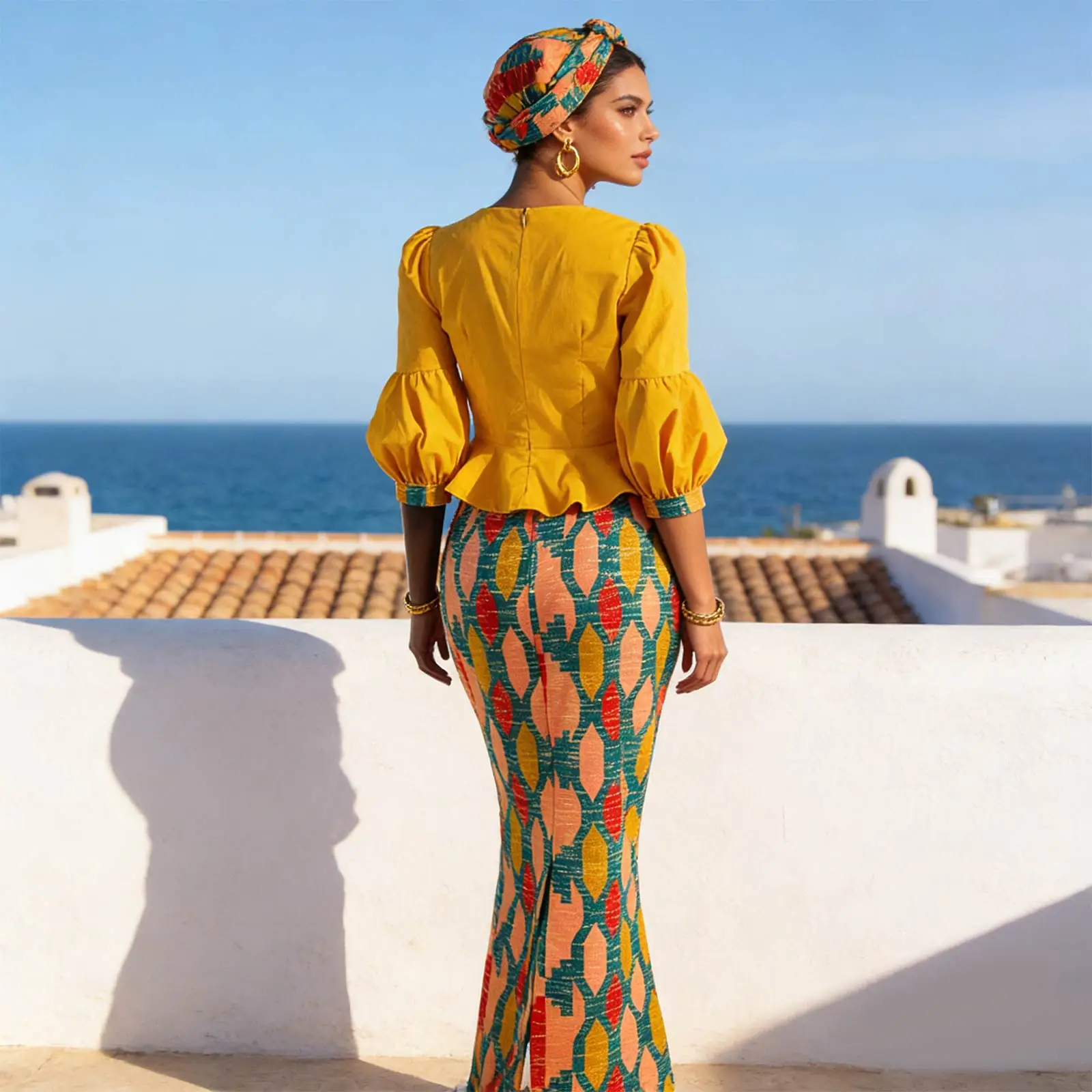 Conjunto de falda africana para mujer, Top con volantes y manga acampanada a la moda y falda delgada, Vestidos con diadema, vestido de novia Dashiki 2526066
