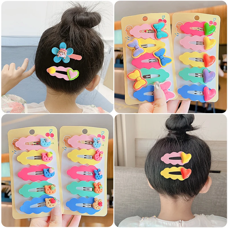 5 Pcs/Set Children Cute Colors Cartoon Flower Bow Ornament Hair Clips Girls Sweet Barrettes Hairpins Kids Hair Accessories