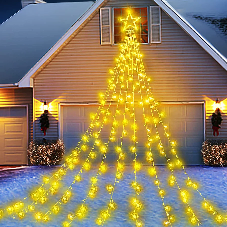 Luz de hadas de estrella de árbol de Navidad impermeable, luz de cascada de estrella de árbol de Navidad, guirnalda de luz de carámbano, 9x3,5 m, 350 LED