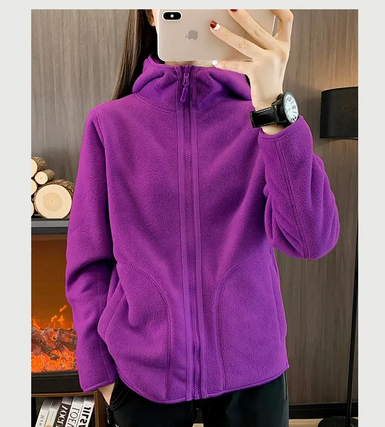 Zip-up Hooded Double-sided Wear Flannel Sweatshirt Women Thick Slim Fleece-lined Jacket Outdoor Sports Y2k Autumn Winter Coat