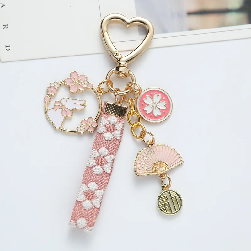 Sweet Pink Cherry Blossom Fan Rabbit Ribbon Pearl Keychain Women Creative Heart Key Chain Bag Pendant Jewelry Girls Gift