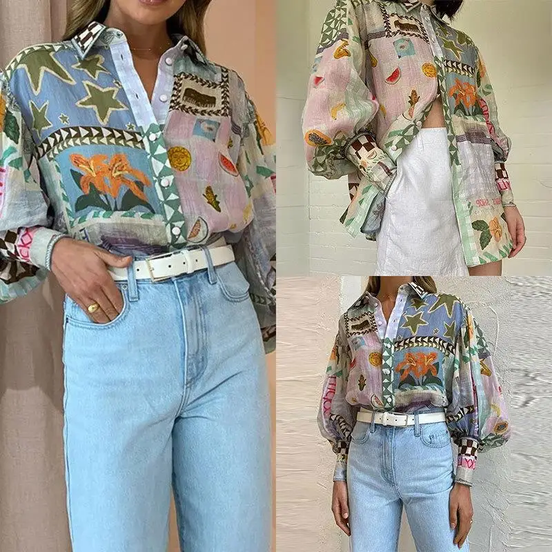 Colletto lungo da donna con stampa ampia, vestibilità ampia, lanterna in fibra di poliestere, felpa da pendolare, stagione primaverile, motivo floreale vegetale