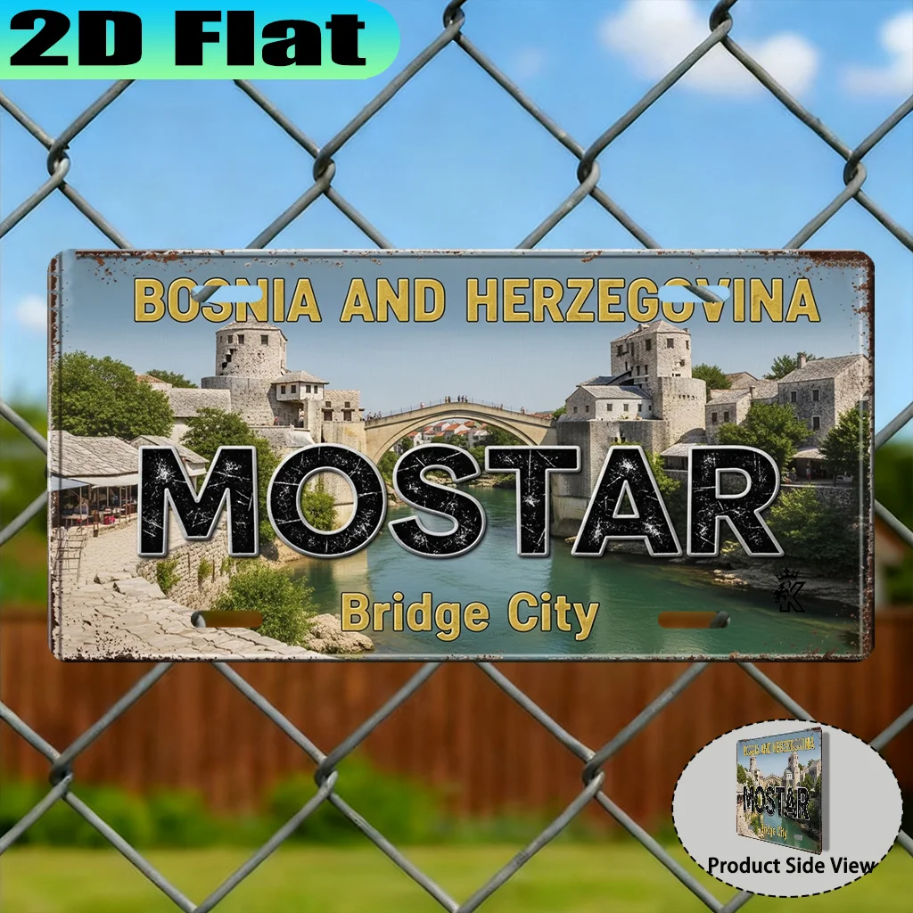 Letrero de Matrícula de Aluminio Vintage de Mostar Bridge City, Impresión Plana 2D, 1 Pieza, 12x6 Pulgadas, Estilo Urbano Vintage