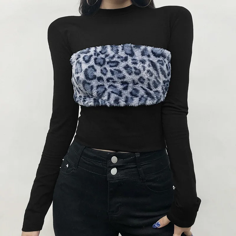 

Fall Leopard Print Fur 2024 New Stitching Round Neck Long-sleeved Pullover T-shirt Female Hot Girl Short Umbilical Bottoming Top