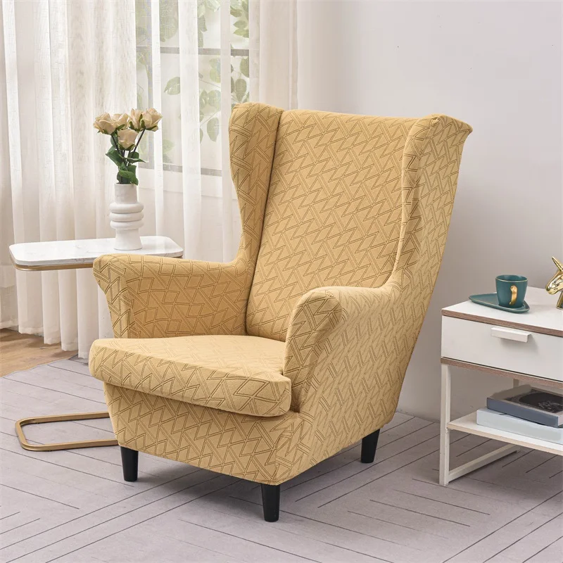 Wingback Chair Cover Jacquard Elastic Wing Chair Slipcovers Relax Armchair Covers Solid Color Anti-dirty with Seat Cushion Cover