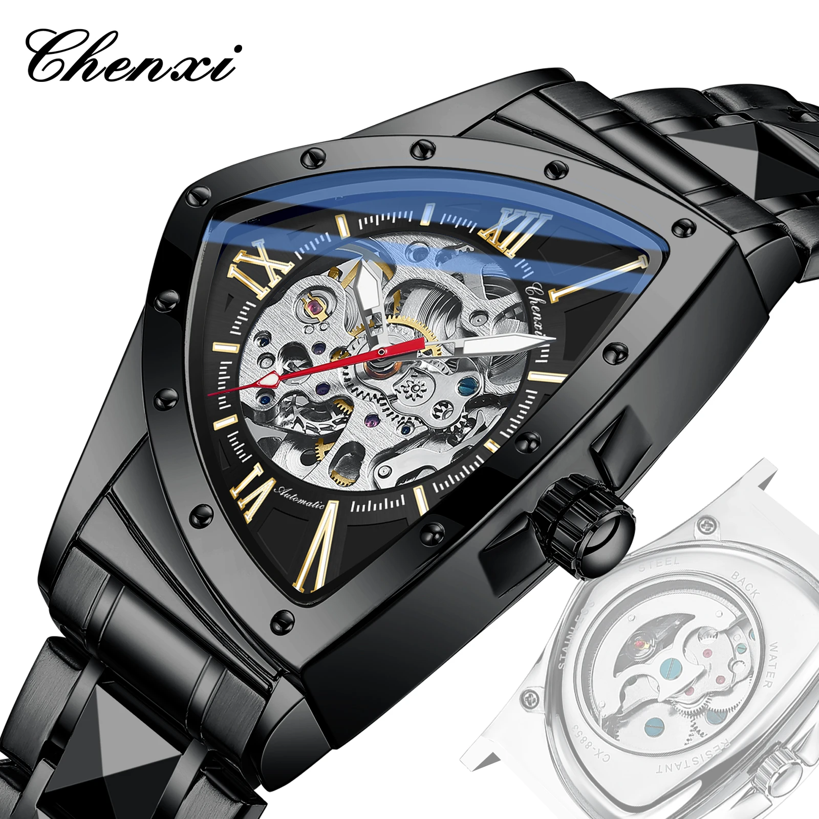 

CHENXI Silver Skeleton Series Men's Mechanical Watches Irregular Triangle Luminous Stainless Steel Strap High-end Watch 2025