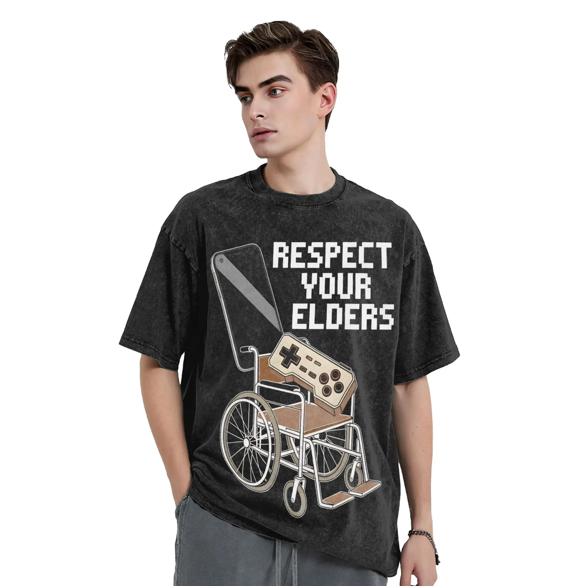 Retro Respect Your Elders Retro Gaming Controller 80s Vintage Washed T-Shirt Round Neck Short Sleeve Tops  Cotton Summer Top Tee
