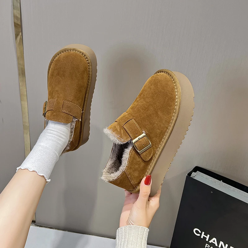 2024 Women's Winter New Round Head Matte Leather Surface Thick Bottom with Velvet Warm and Comfortable Cotton Shoes for Women