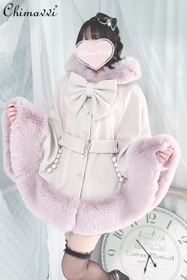 

Japanese Sweet Gorgeous Pearl Cape Coat 2024 Winter Clothes New Cute Bow Loose Girl Women Elegant Lolita Hooded Shawl Coat