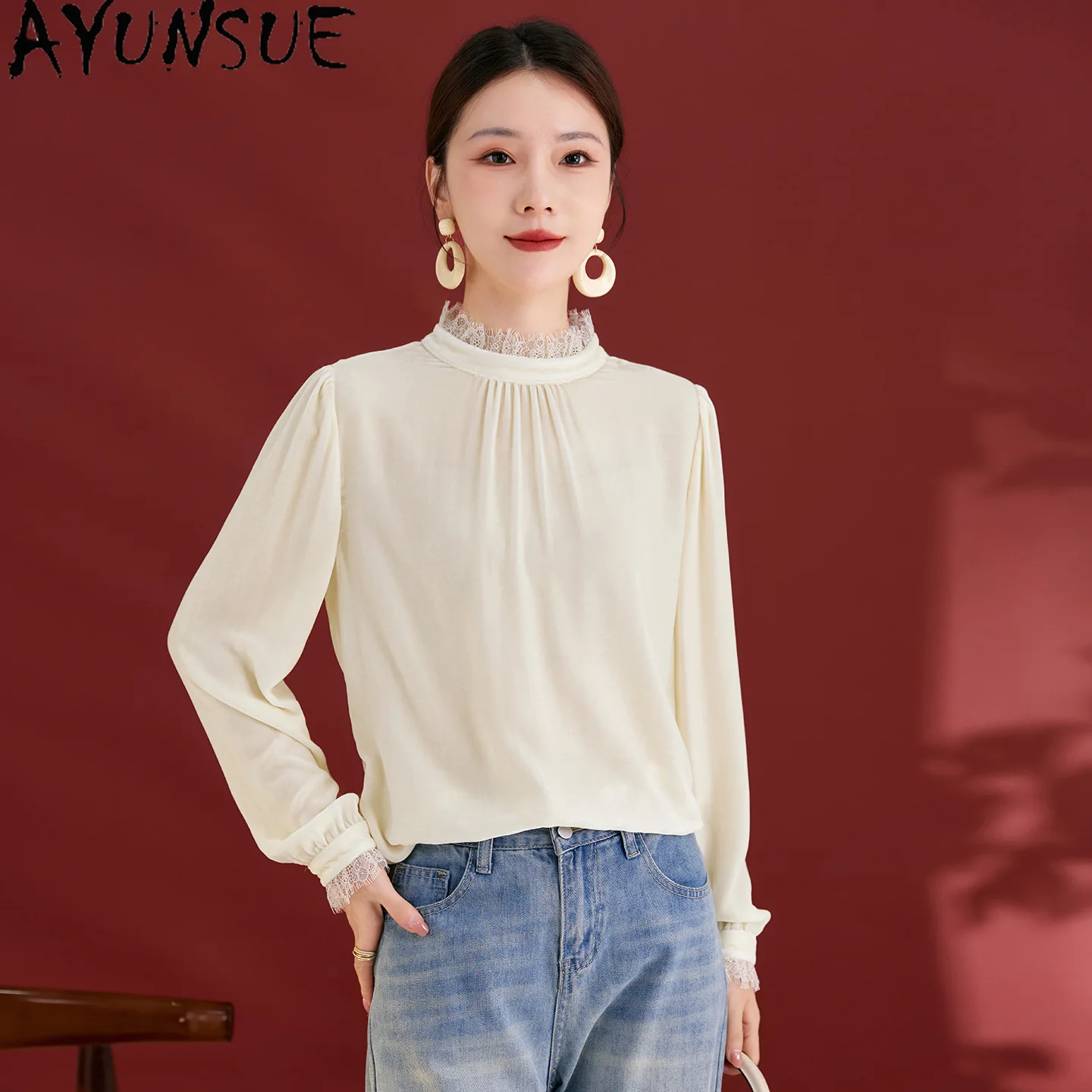 AYUNSUE 100% Mulberry Silk Lining Tops for Woman Autumn Silk Velvet French Style Lace Collar Long Sleeve Tops 2026 Tops De Mujer