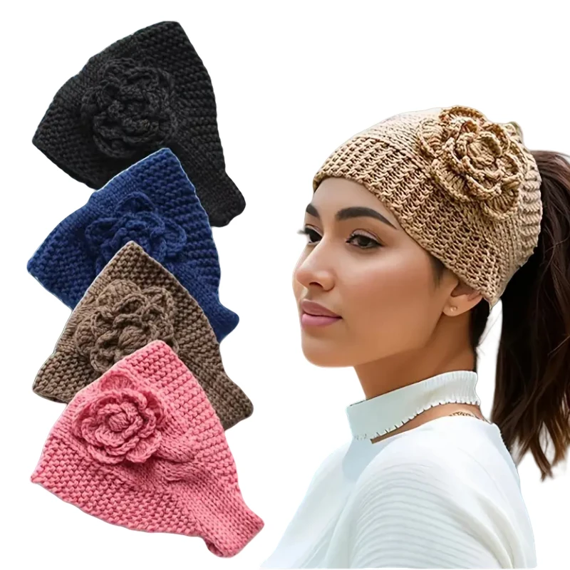 New Winter Warmer Ear Knitted Headband Elastic crochet flower Headwear For Women Girls European Solid Turban Hair Band Head Warp