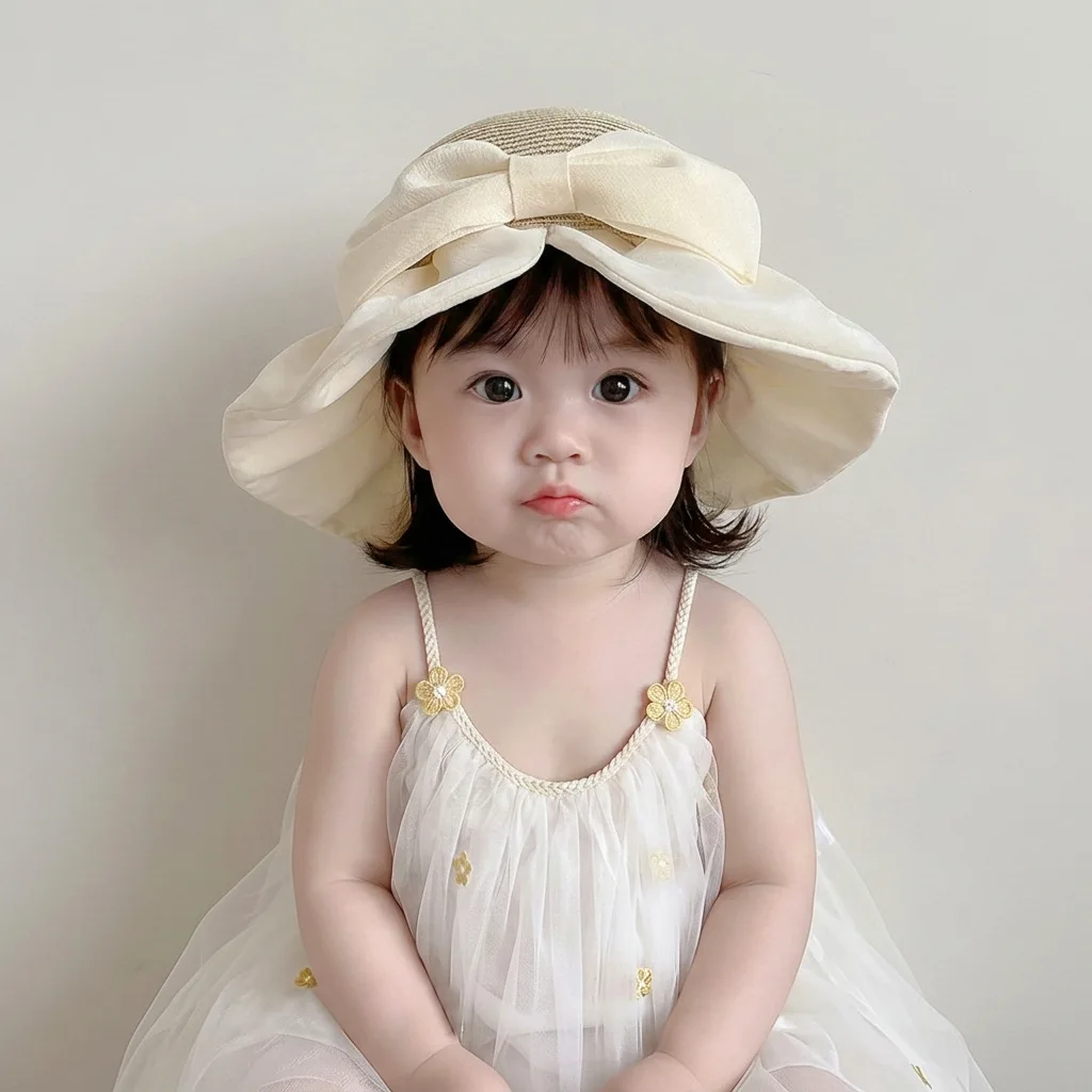 

49-51cm Summer Kids Fisherman Hat 3-5T Ventilate Sunscreen Children Sun Hat Sweet Bow Girls Straw Hat