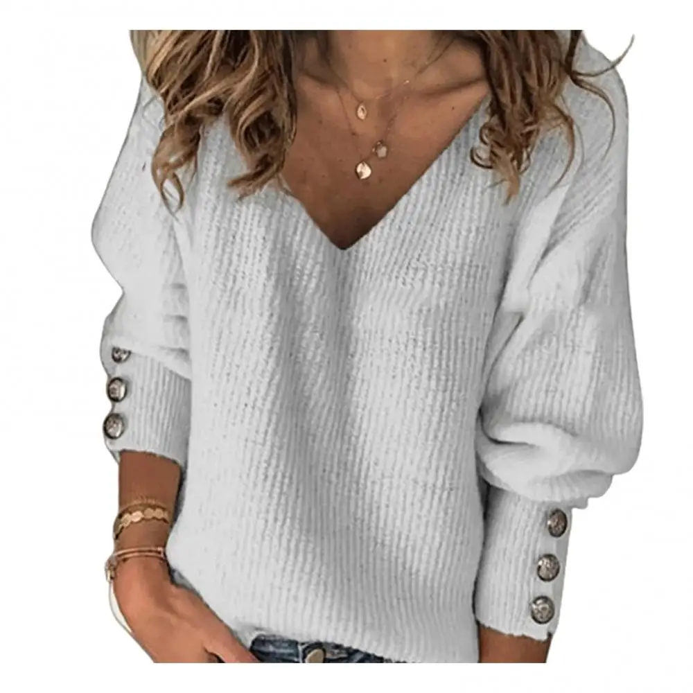 Women Sweater Autumn Winter Buttons Cuff Knit Ribbed V Neck Long Sleeve Pullover Top Women\'s Clothing