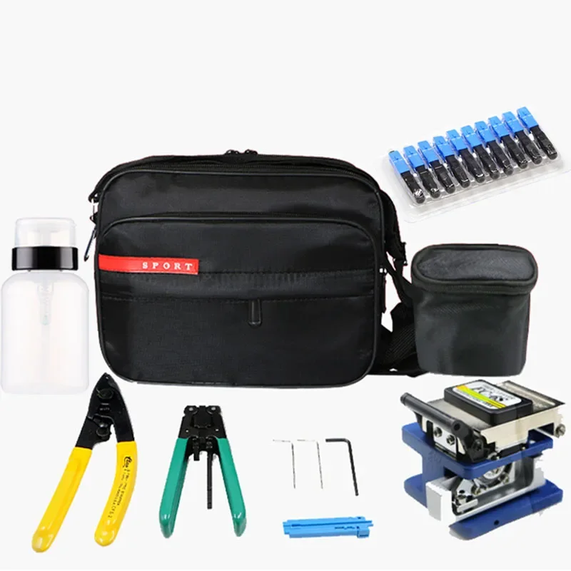 Fiber Optic Tools Kits 9 in 1 FTTH Fiber Optic Tool Bag +Fiber Stripper+ fc-6s Fiber Cleaver+ Miller+10PCS SC UPC Fast Connector