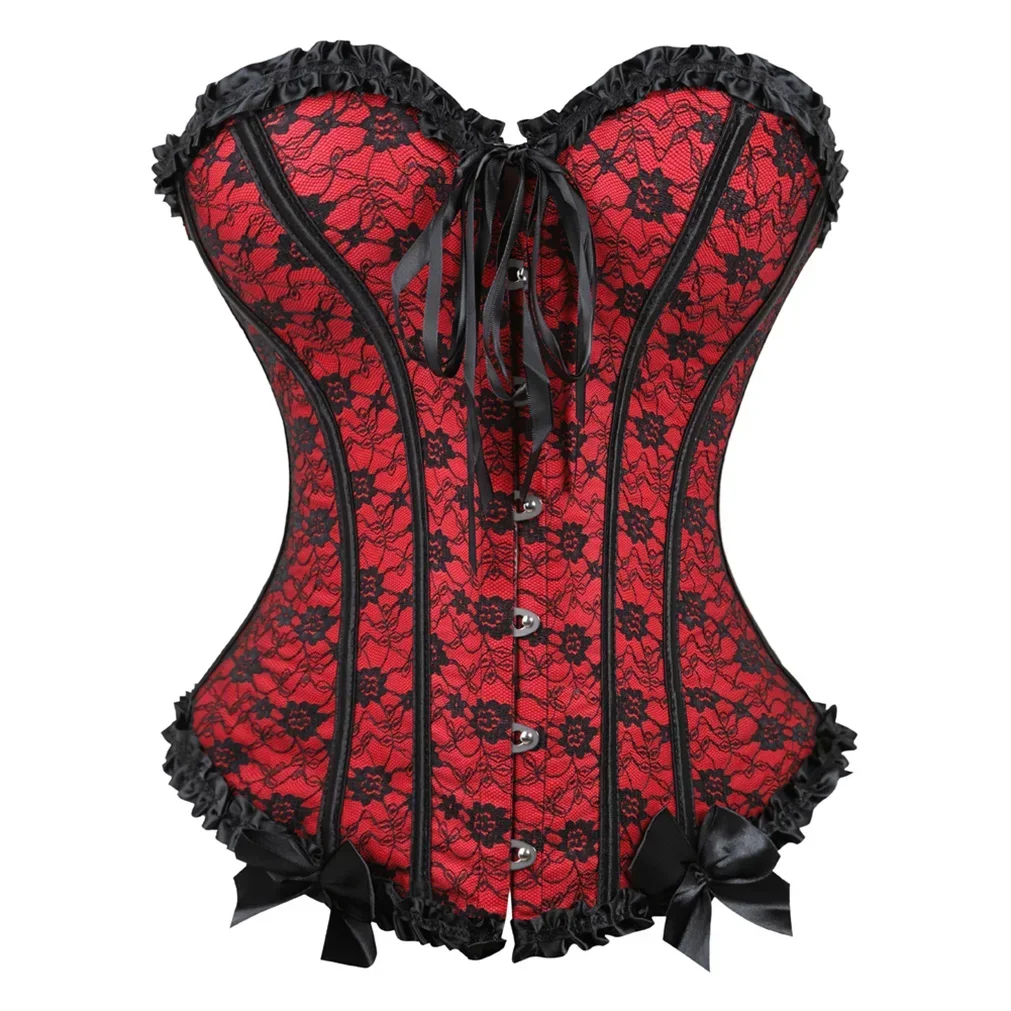 Corset and Skirt Steampunk Gothic Slimming Lace Overlay Bustier Dress Lace Up Boned Korsage Sexy Femme Carnival Party Clubwear