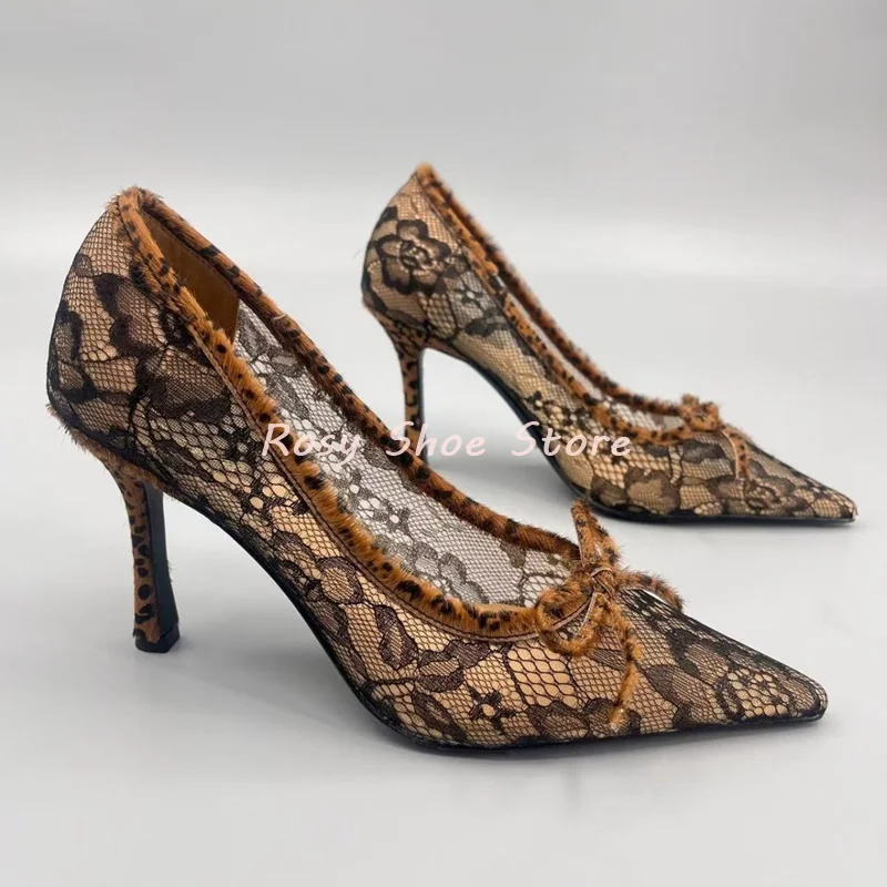

Women's Delicate Lace Fabric Leopard Bow Pumps Wrapped Point Toe Slip On Sexy Stilettos Vintage Fashion Versatile Catwalk Pumps