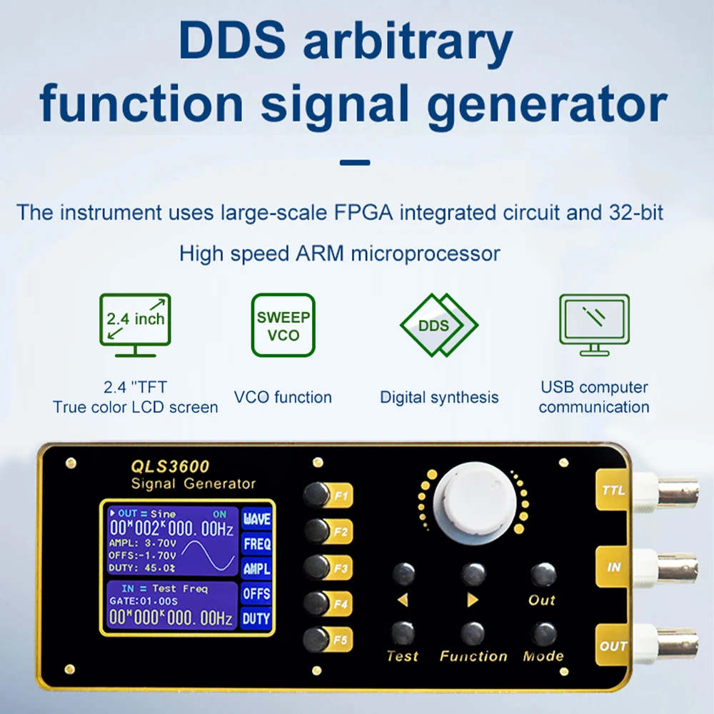 

QLS3600S 2.4-inch TFT DDS Function Signal Generator DC 5V 0-5MHz/10MHz/30MHz signal source/frequency/pulse/sweep/counter